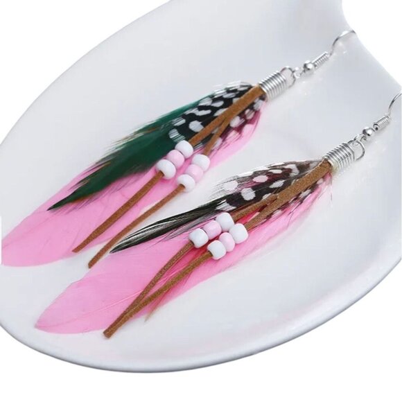 Bohemian Feather 3" Earrings With Beads Pink - Picture 1 of 1